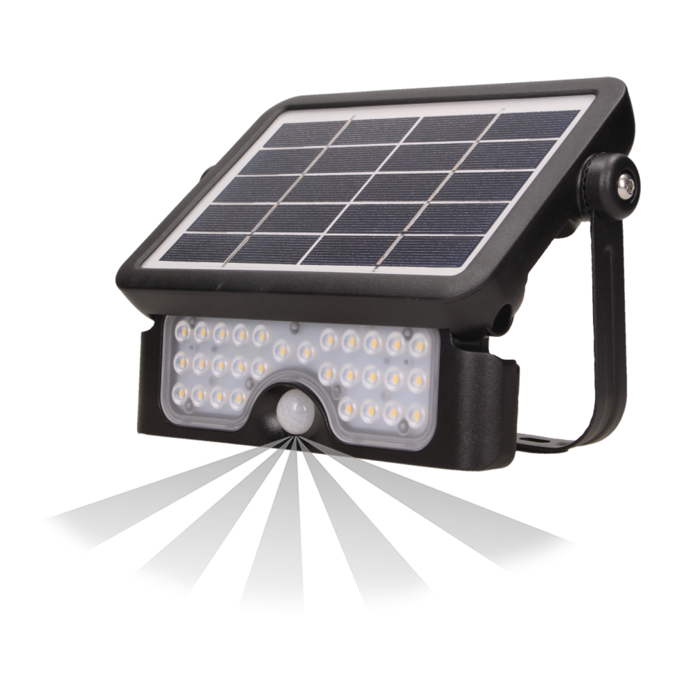 LUX LED 5W solar floodlight with motion sensor, 500lm, IP65, 4000K, 2x1500mAh, black