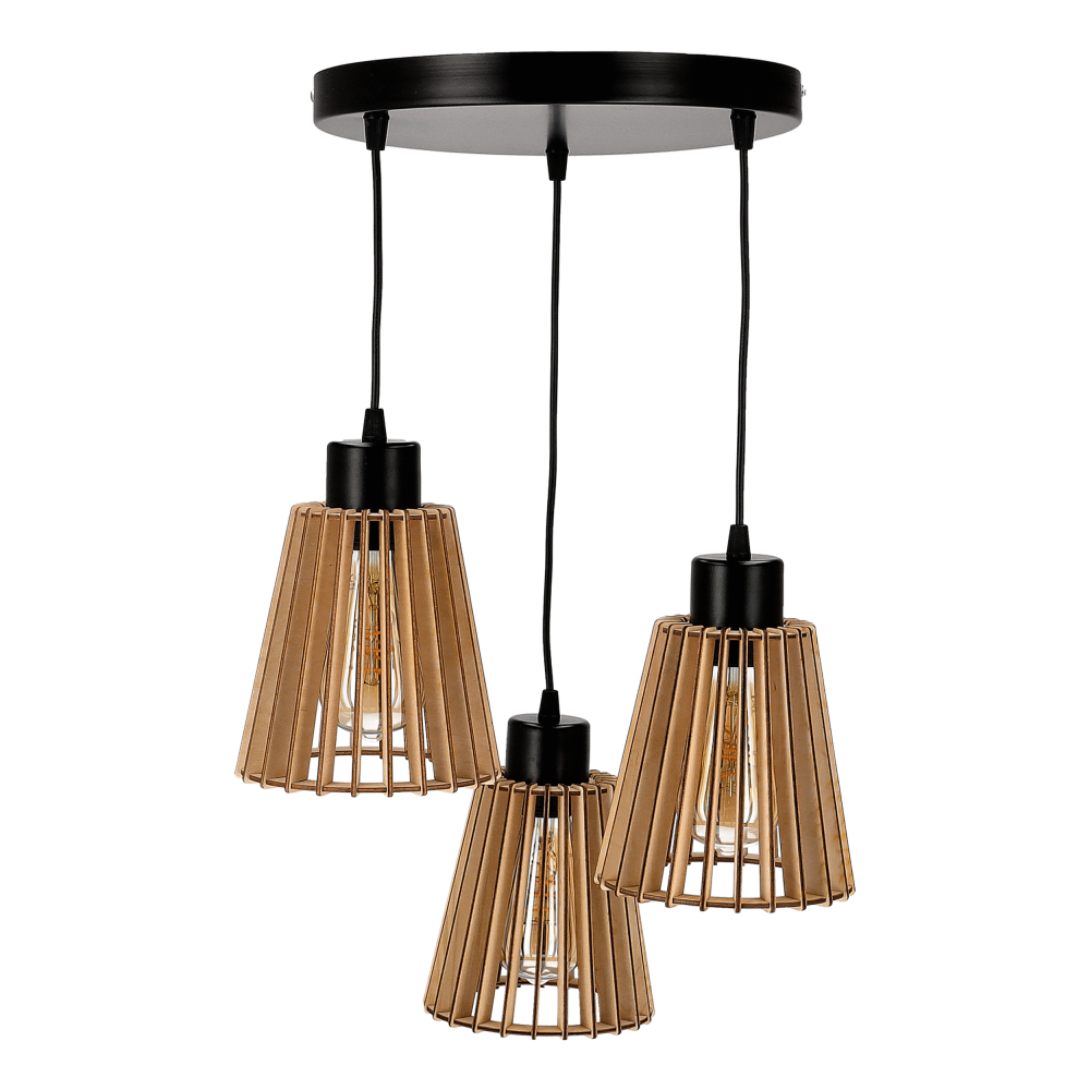 DELOS 3P E27, lampa wisząca, max. 3x60W, czarna, drewno, okrągła